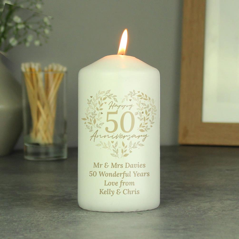 Personalised 50th Golden Wedding Anniversary Pillar Candle Extra Image 1